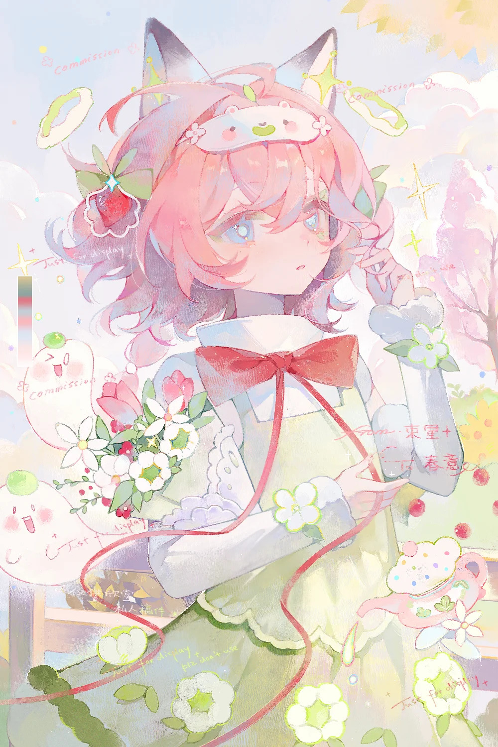 1girl, animal_ears, artist_request, bear_mask, berry, blue_eyes, blue_pupils, blue_sky