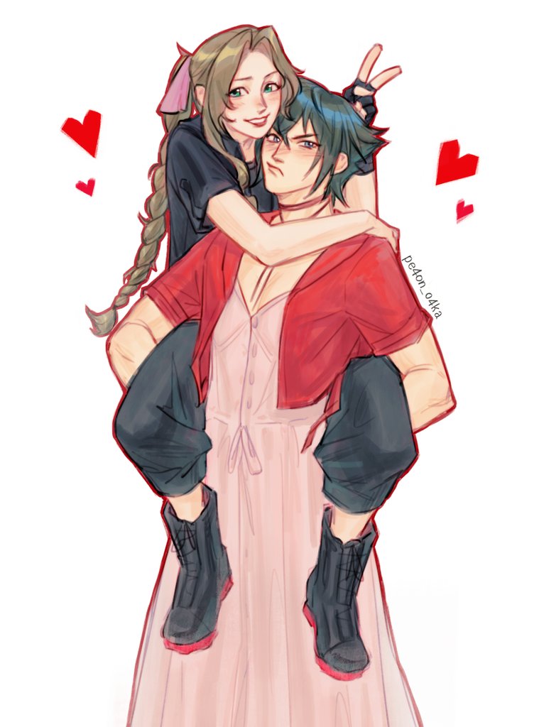 1boy, 1girl, aerith_gainsborough, aerith_gainsborough_(cosplay), arm_around_neck, artist_name, black_footwear, black_gloves