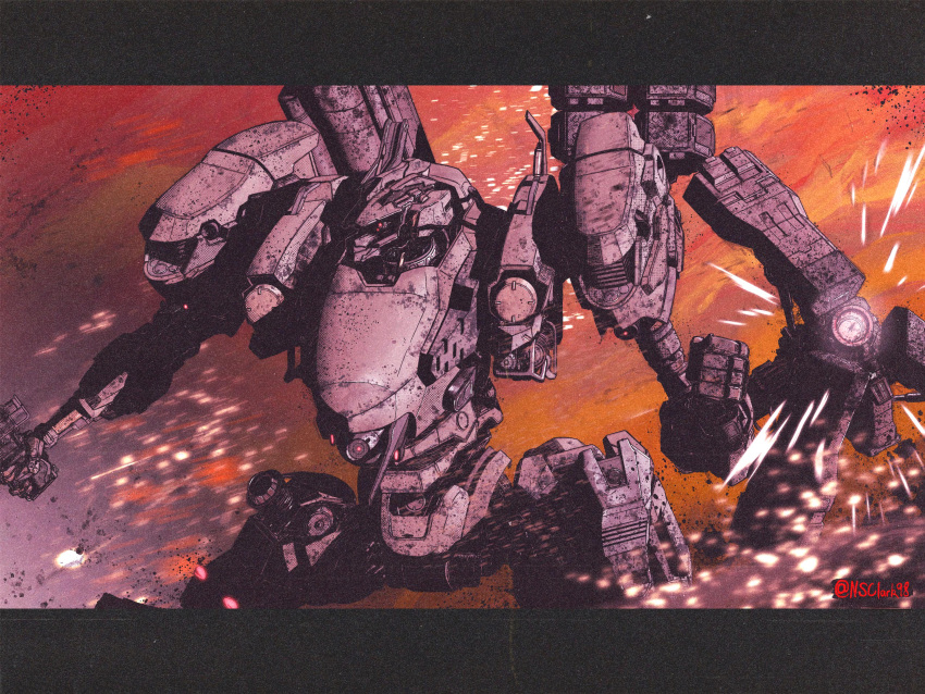 absurdres, arm_cannon, armored_core, armored_core_6, clenched_hand, embers, english_commentary, highres