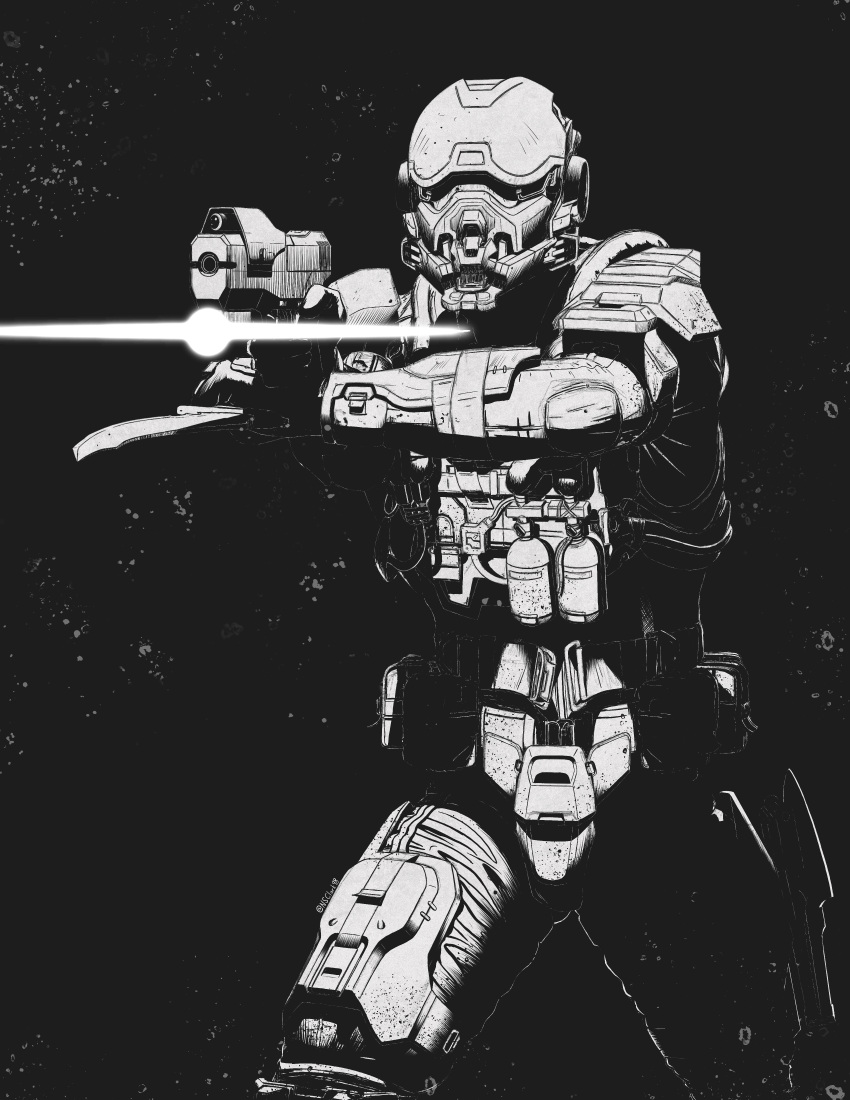 1boy, absurdres, aiming, armor, black_background, english_commentary, gloves, greyscale