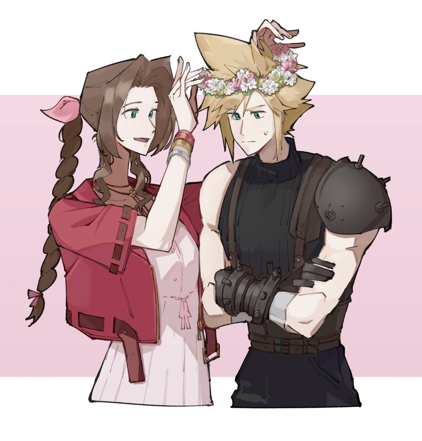 1boy, 1girl, aerith_gainsborough, aqua_eyes, armor, bangle, belt, black_gloves
