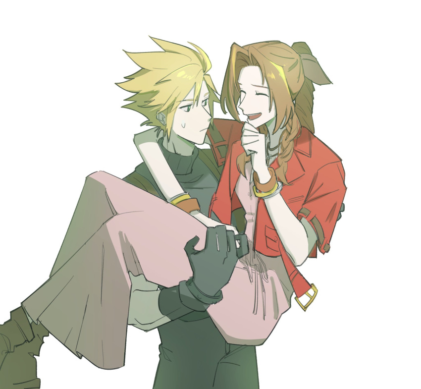 1boy, 1girl, aerith_gainsborough, bangle, black_gloves, black_pants, blonde_hair, boots