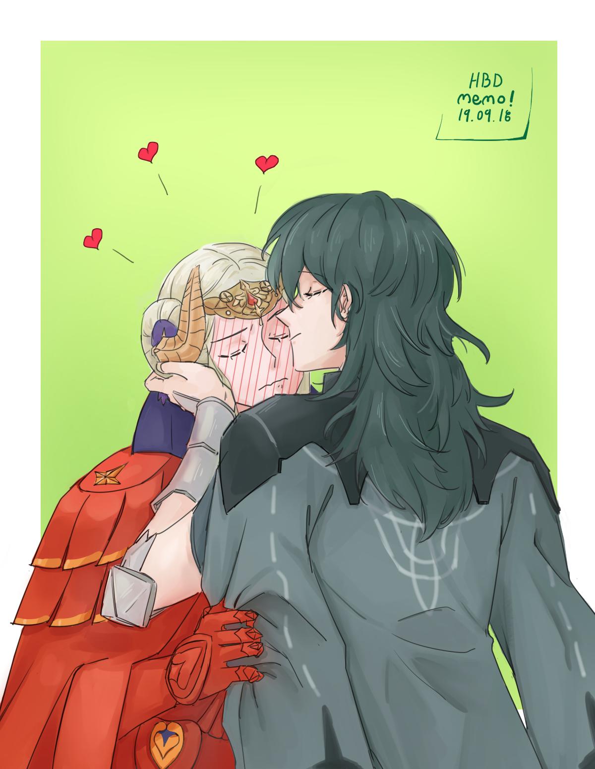 2girls, blush, border, byleth_(female)_(fire_emblem), byleth_(fire_emblem), cloak, closed_eyes, crown