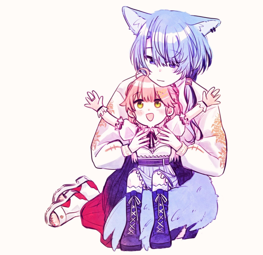 2girls, age_difference, aged_down, ahoge, animal_ear_piercing, animal_ears, belt, black_skirt
