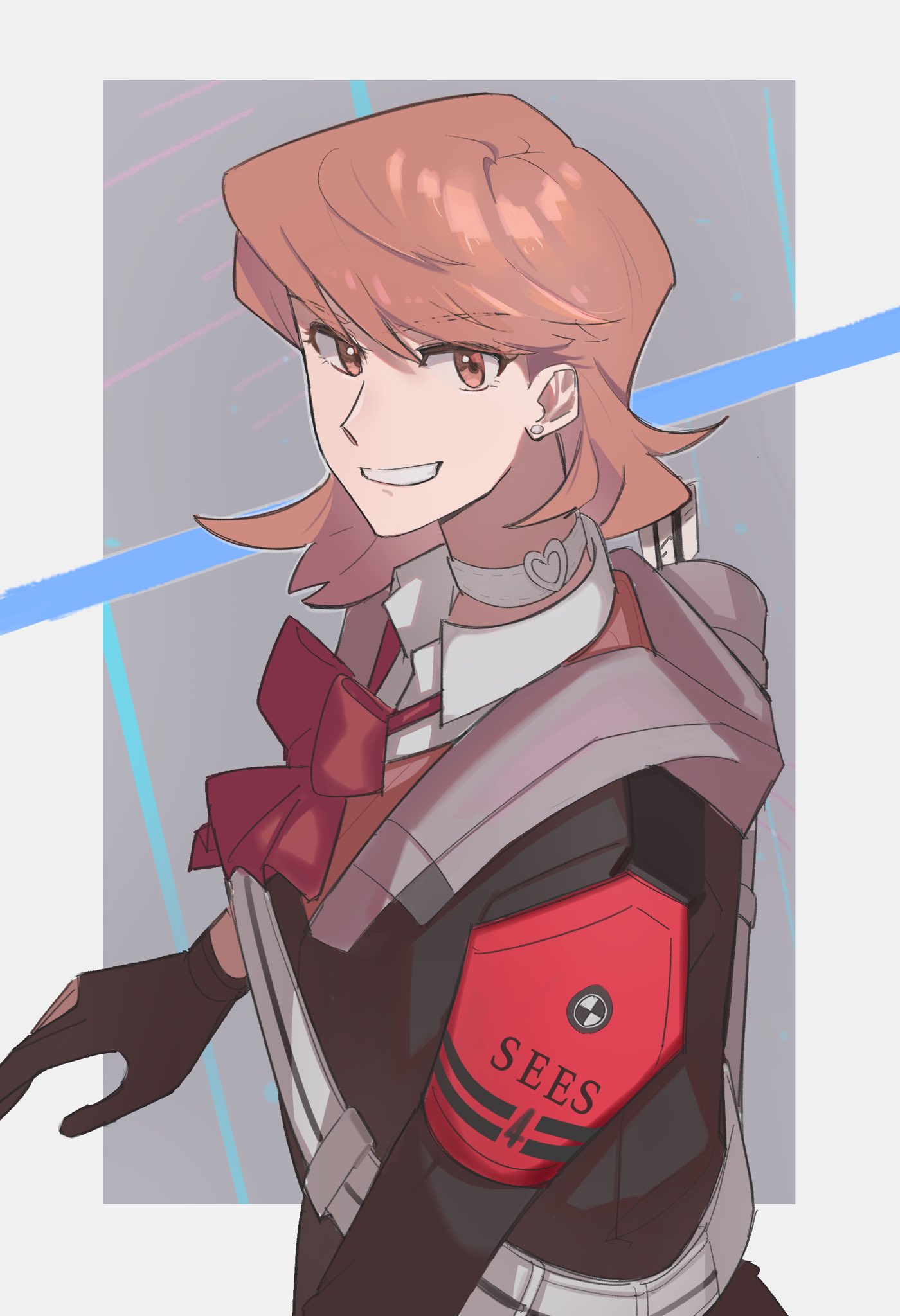 1girl, archery_shooting_glove, black_gloves, black_jacket, border, bow, bowtie, brown_eyes, brown_hair, choker, collared_shirt, earrings, gloves, grey_background, grin, hair_between_eyes, heart, heart_choker, highres, jacket, jewelry, looking_at_viewer, medium_hair, partially_fingerless_gloves, persona, persona_3, persona_3_reload, pink_sweater, red_bow, red_bowtie, seneu107, shirt, smile, solo, sweater, takeba_yukari, upper_body, white_border, white_choker