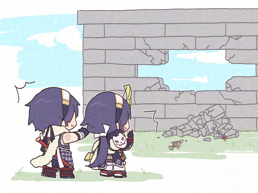 1boy, 1girl, blue_hair, brick_wall, broken_wall, chibi, chibi_only, chrom_(fire_emblem)