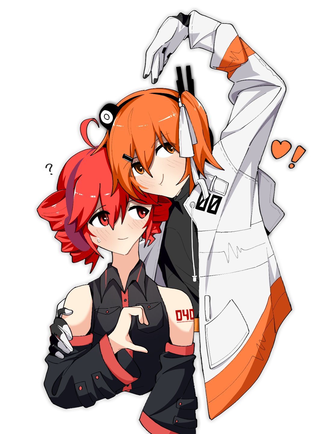 2girls, a.i._voice, adachi_rei, ahoge, arm_up, bare_shoulders, black_shirt, black_sleeves