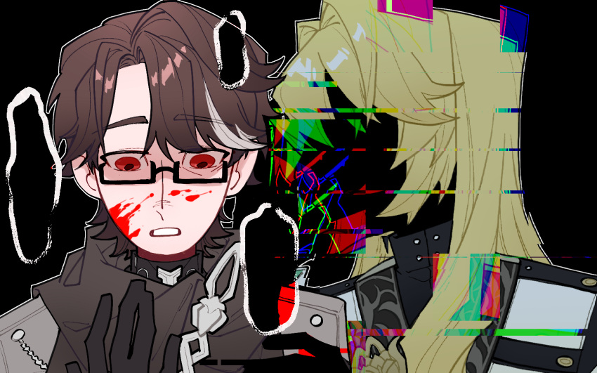 2boys, black_background, black_gloves, black_shirt, blonde_hair, blood, blood_on_face, brown_hair, calx, chinese_commentary, commentary_request, digital_dissolve, glasses, gloves, grey_jacket, highres, honkai:_star_rail, honkai_(series), jacket, long_hair, luocha_(honkai:_star_rail), male_focus, multicolored_hair, multiple_boys, open_mouth, portrait, red_eyes, scarf, semi-rimless_eyewear, shirt, short_hair, silhouette, smile, streaked_hair, two-tone_hair, very_short_hair, welt_yang, white_hair, white_jacket