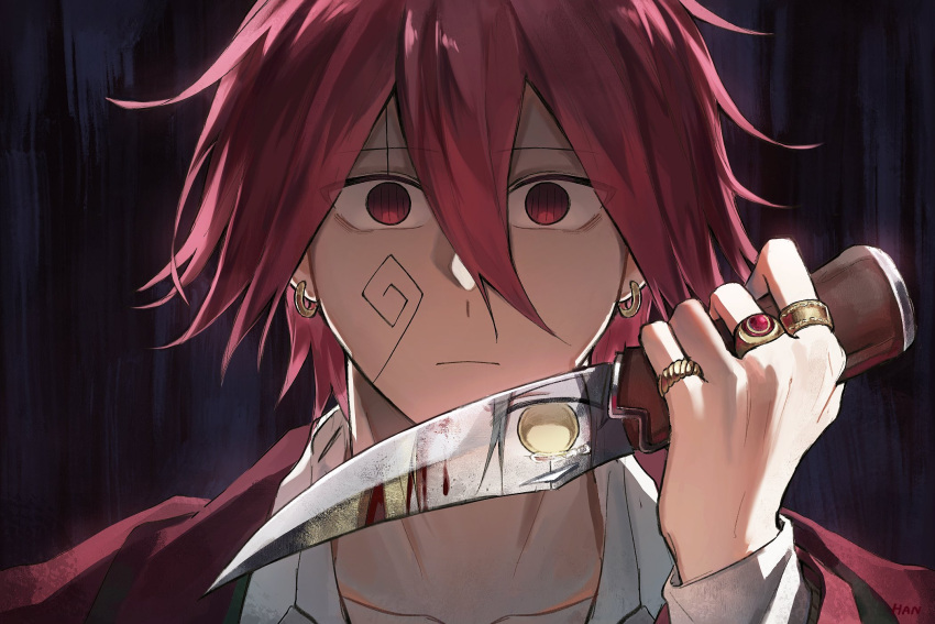 1boy, carpaccio_luo-yang, closed_mouth, collared_shirt, earrings, facial_mark, hannnn, highres