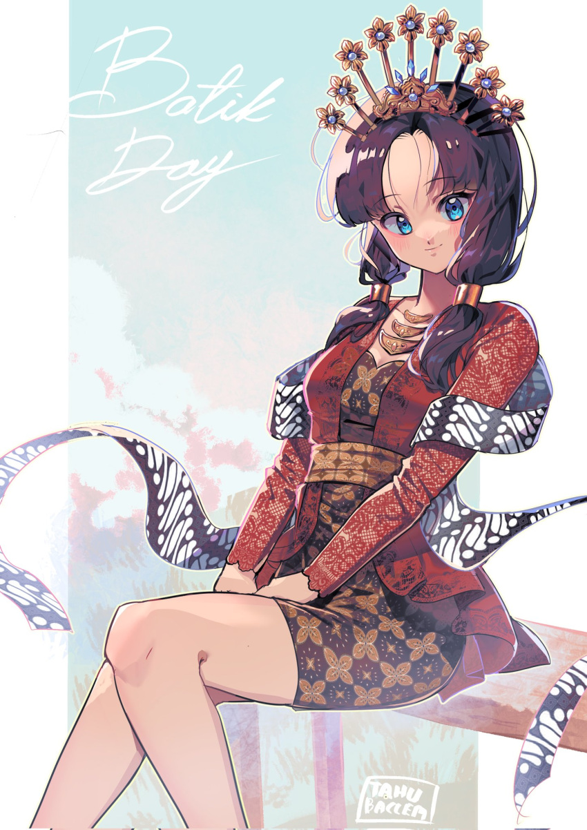 1girl, artist_name, batik, black_hair, blue_eyes, border, closed_mouth, clothing_request