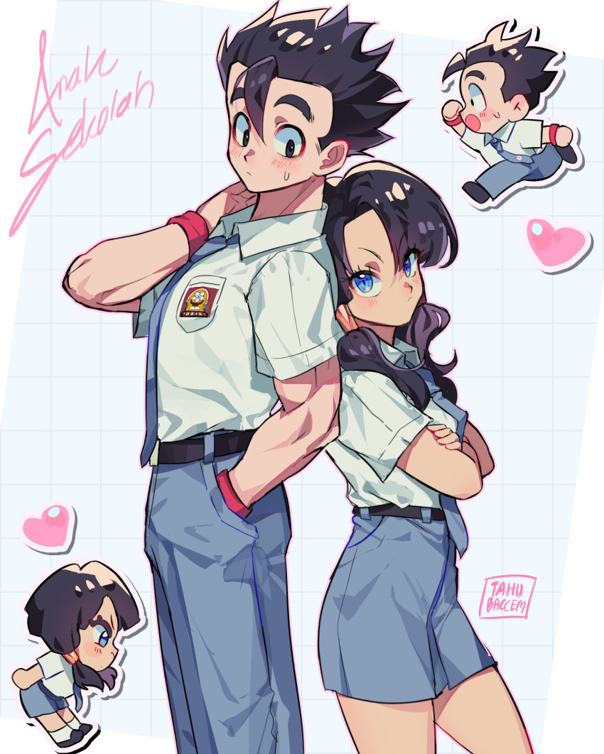 1boy, 1girl, artist_name, back-to-back, black_eyes, black_hair, blue_eyes, blue_necktie