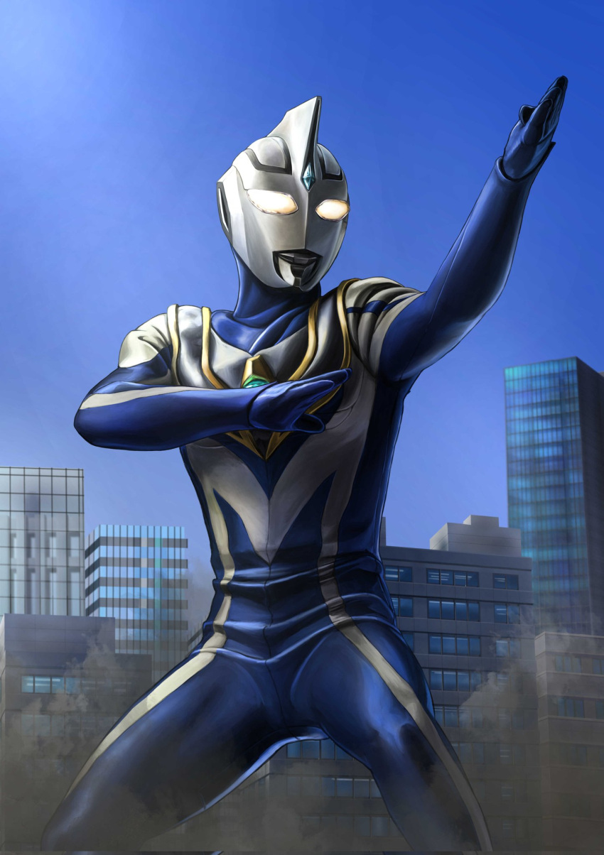 1boy, alien, arm_up, armor, blue_skin, blue_sky, breastplate, building, city, cityscape, color_timer, colored_skin, commentary, compound_eyes, day, dorsal_fin, dust_cloud, feet_out_of_frame, fighting_stance, forehead_jewel, gattyo, giant, glowing, glowing_eyes, highres, legs_apart, looking_ahead, male_focus, multicolored_skin, open_hands, outdoors, pectorals, silver_skin, sky, skyscraper, solo, tokusatsu, ultra_series, ultraman_agul, ultraman_gaia_(series), white_eyes, wrinkled_skin