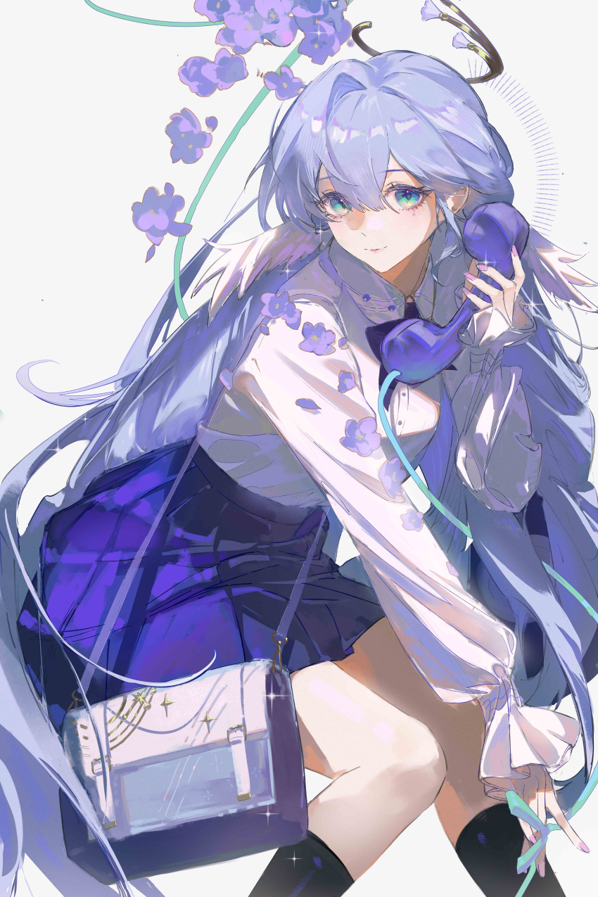 1girl, absurdres, alternate_costume, aqua_eyes, feet_out_of_frame, grey_background, highres, holding