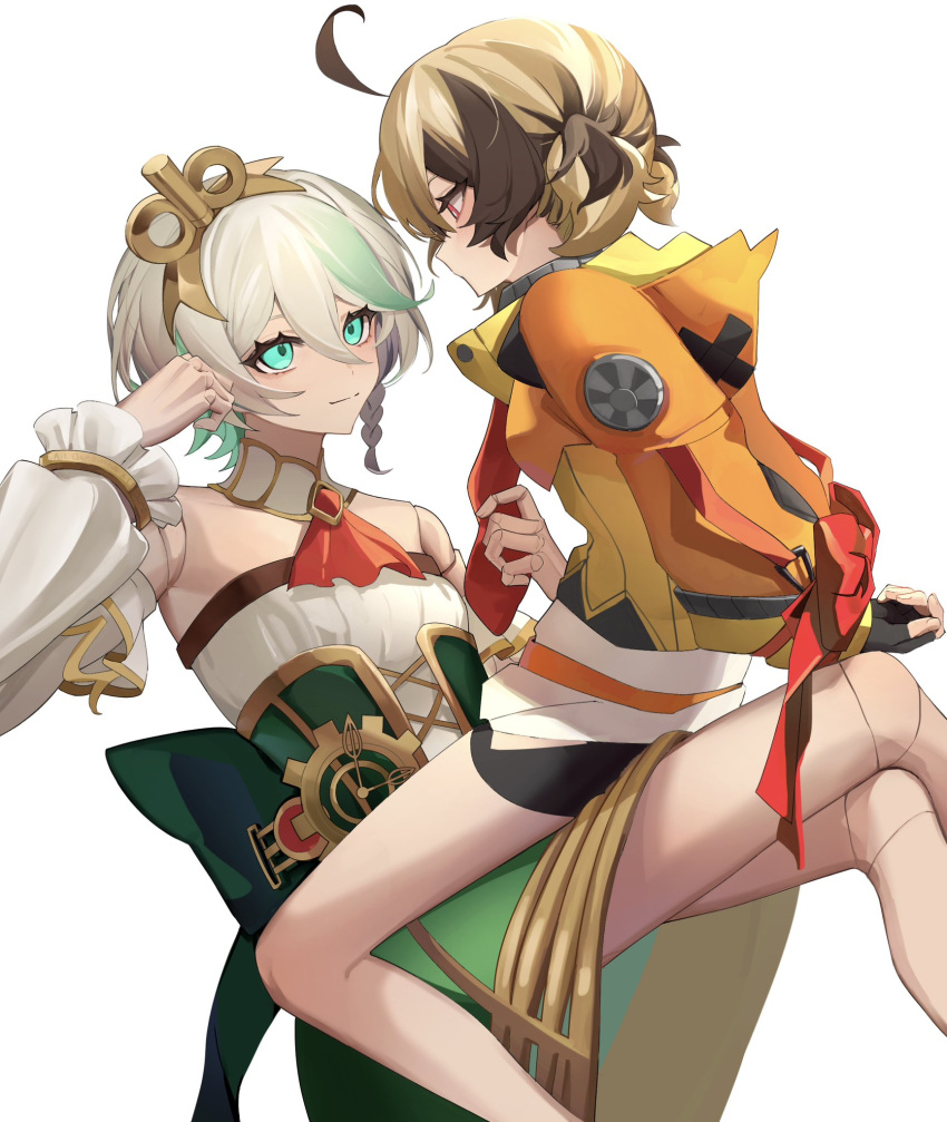 2girls, ahoge, ascot, back_bow, back_ribbon, bike_shorts, bow, brown_hair