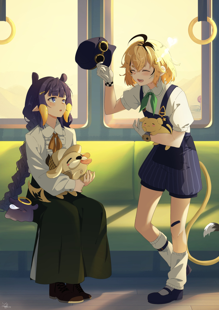 2girls, absurdres, alternate_costume, animal, bad_link, blonde_hair, closed_eyes, dog