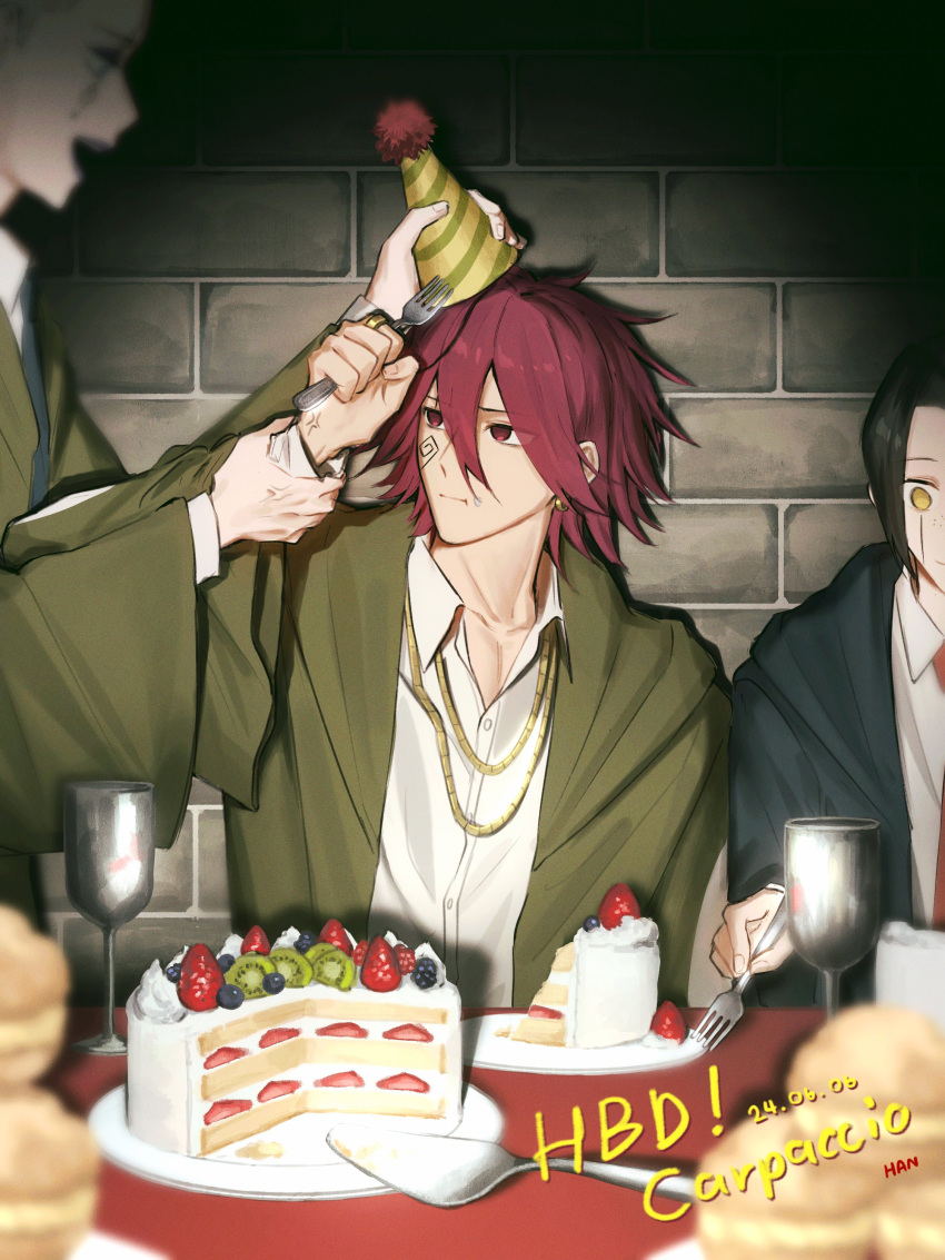 3boys, absurdres, black_hair, black_robe, blueberry, brick_wall, cake, cake_slice