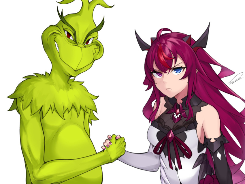 1boy, 1girl, blue_eyes, breasts, clenched_teeth, commentary, crossover, dasdokter