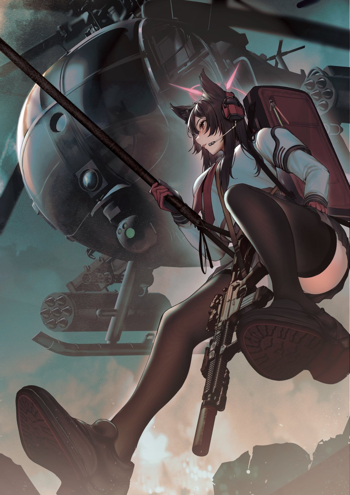 1girl, aircraft, animal_ear_fluff, animal_ears, assault_rifle, attack_helicopter, backpack, bag