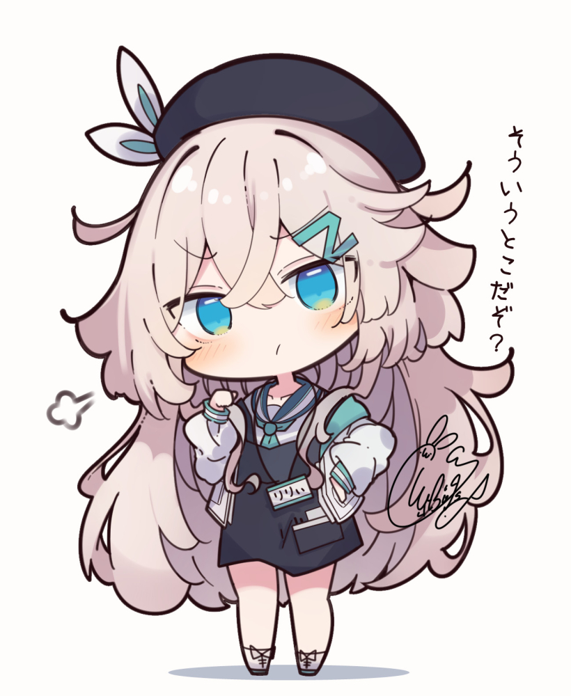1girl, apron, beni_shake, beret, black_apron, black_hat, blue_eyes, blush