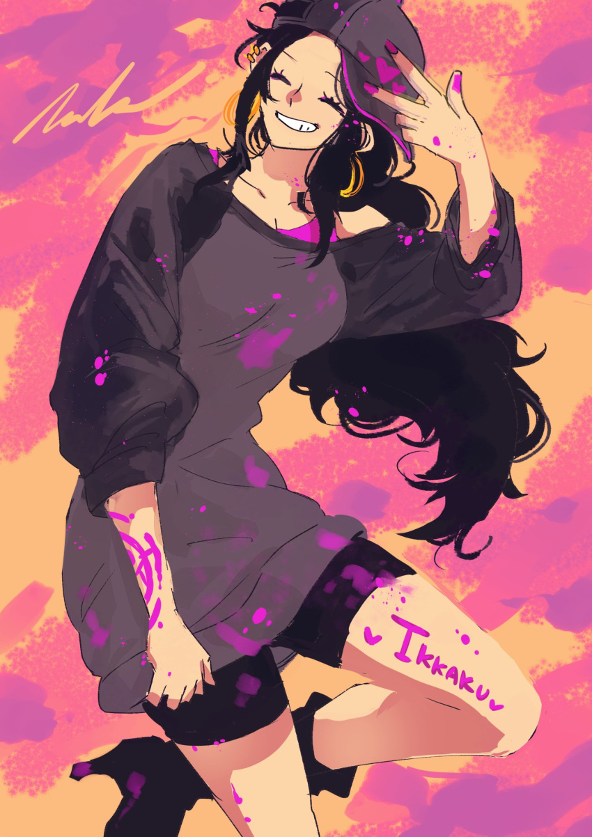 1girl, ^_^, black_hair, black_shorts, boots, character_name, closed_eyes, commentary_request
