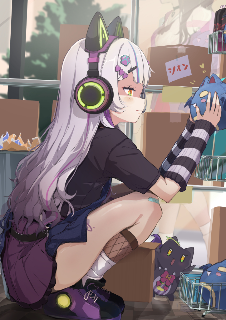 1girl, animal_ear_headphones, animal_ears, arm_warmers, bandaid, bandaid_on_knee, bandaid_on_leg, black_shirt