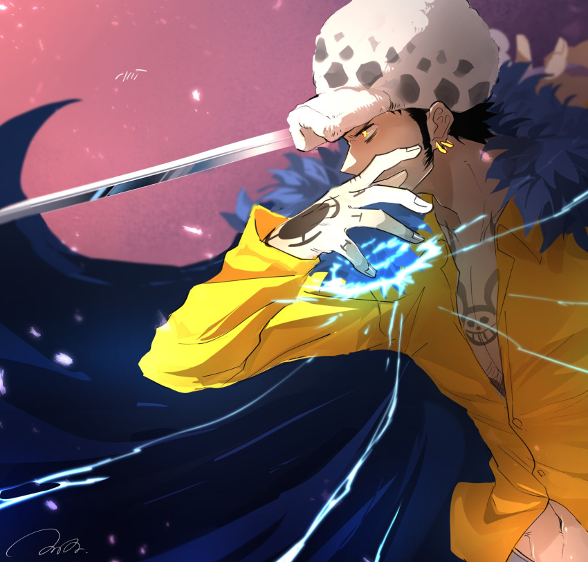 1boy, black_hair, blue_cape, cape, chest_tattoo, commentary_request, earrings, fur-trimmed_cape