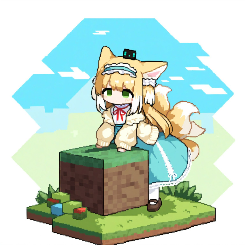 1girl, animal_ears, arknights, auto_ins, blonde_hair, blue_hairband, blue_skirt, blue_sky