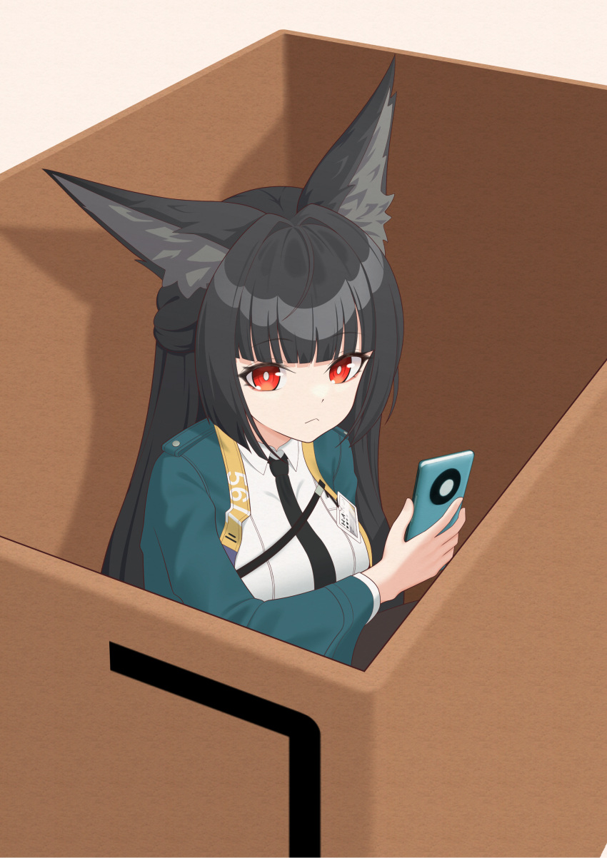 1girl, :<, absurdres, animal_ear_fluff, animal_ears, black_hair, black_necktie, blue_jacket, box, cellphone, fox_ears, highres, holding, holding_phone, hoshimi_miyabi, in_box, in_container, jacket, long_hair, long_sleeves, looking_at_viewer, necktie, open_clothes, open_jacket, phone, red_eyes, sasaki3rd, shirt, smartphone, solo, very_long_hair, white_shirt, zenless_zone_zero