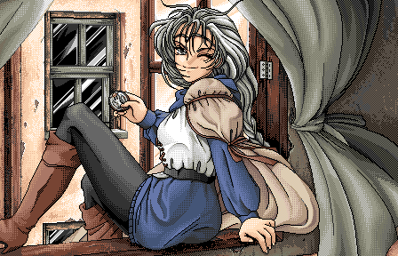 1girl, ass, black_thighhighs, blue_dress, brown_footwear, circlet, curtains, dress, from_behind, game_cg, grey_eyes, grey_hair, io_ishtar, looking_at_viewer, lowres, miyata_yukimi, non-web_source, one_eye_closed, pc-98_(style), pixel_art, rance_(series), rance_iv, sitting_in_window, solo, thigh-highs