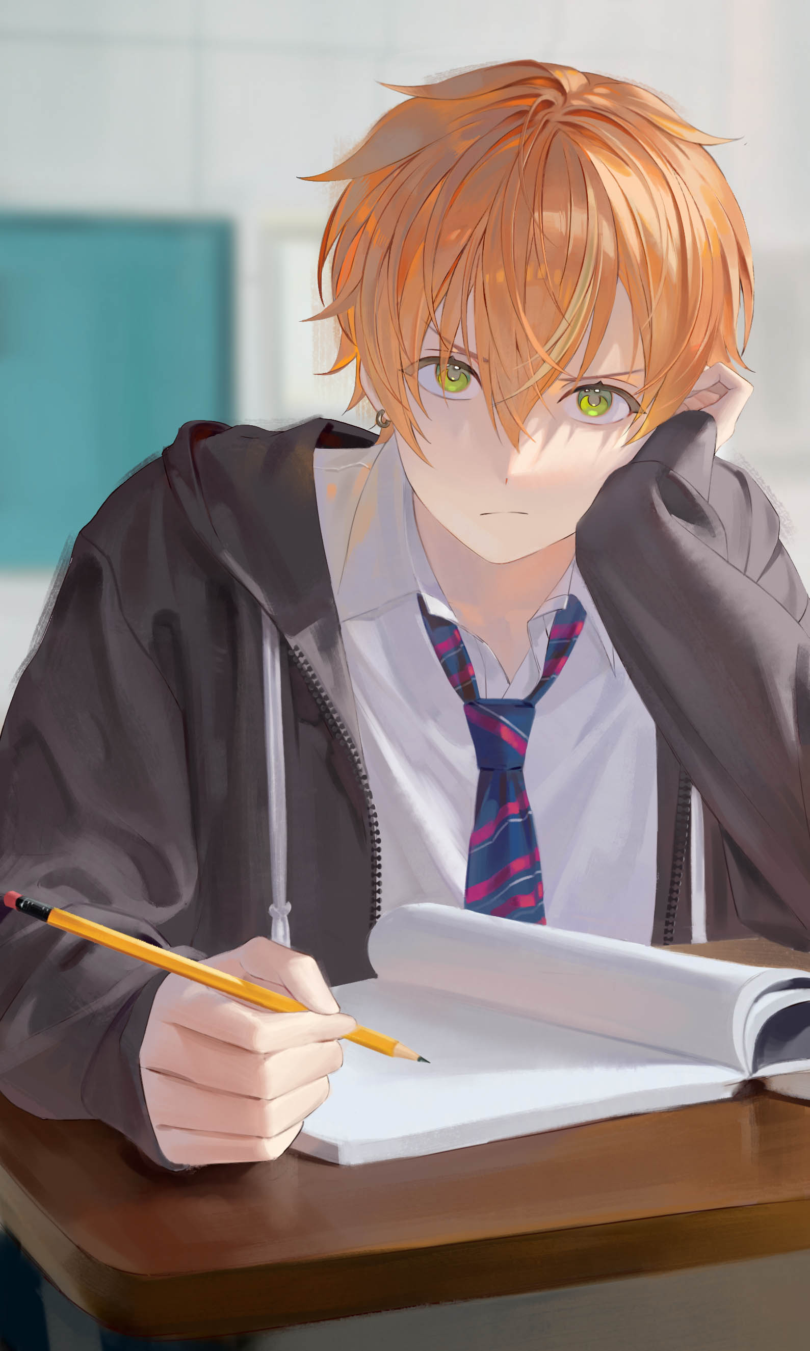 1boy, :/, absurdres, aheuretokki, arm_up, black_hoodie, chalkboard, classroom, closed_mouth, collared_shirt, commentary_request, desk, drawstring, ear_piercing, earrings, hair_between_eyes, hand_on_own_face, head_rest, highres, holding, holding_pencil, hood, hoodie, jewelry, long_sleeves, looking_at_viewer, male_focus, multicolored_clothes, multicolored_hair, multicolored_necktie, necktie, notebook, orange_hair, pencil, piercing, project_sekai, school_desk, shinonome_akito, shirt, sitting, sleeves_past_wrists, solo, streaked_hair, white_shirt, wing_collar, yellow_eyes, zipper