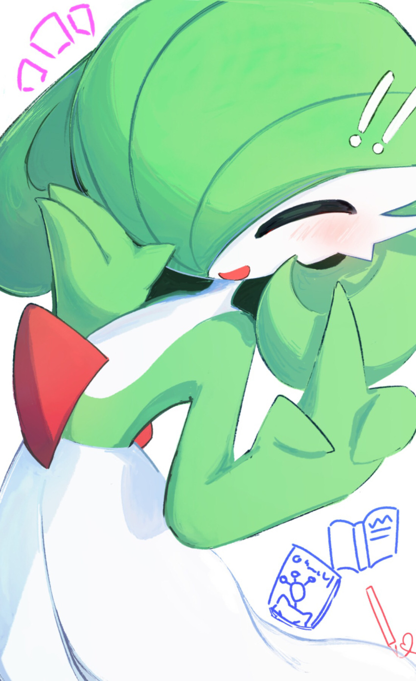 !, !!, 1girl, ^_^, arched_back, blush, bob_cut, closed_eyes, colored_skin, commentary, facing_viewer, flat_chest, gardevoir, green_hair, green_skin, hair_over_one_eye, hands_up, happy, highres, index_finger_raised, multicolored_skin, my_(my_6633), notice_lines, one_eye_covered, open_mouth, pokemon, pokemon_(creature), short_hair, simple_background, smile, solo, two-tone_skin, white_background, white_skin