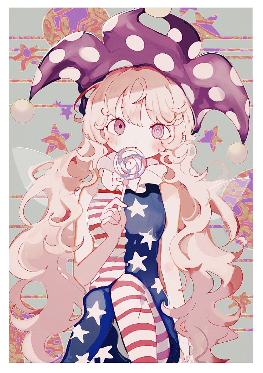 1girl, @_@, american_flag_dress, american_flag_legwear, bare_arms, bare_shoulders, blonde_hair, blush