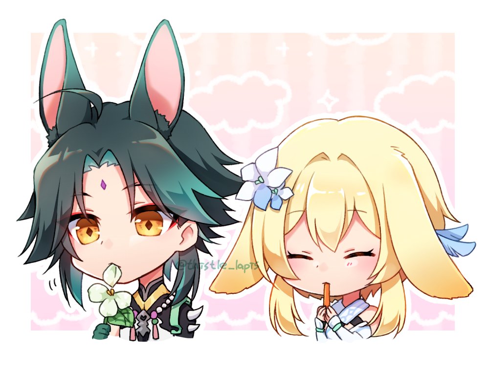 1boy, 1girl, :<, ^_^, ahoge, animal_ear_fluff, animal_ears, aqua_hair