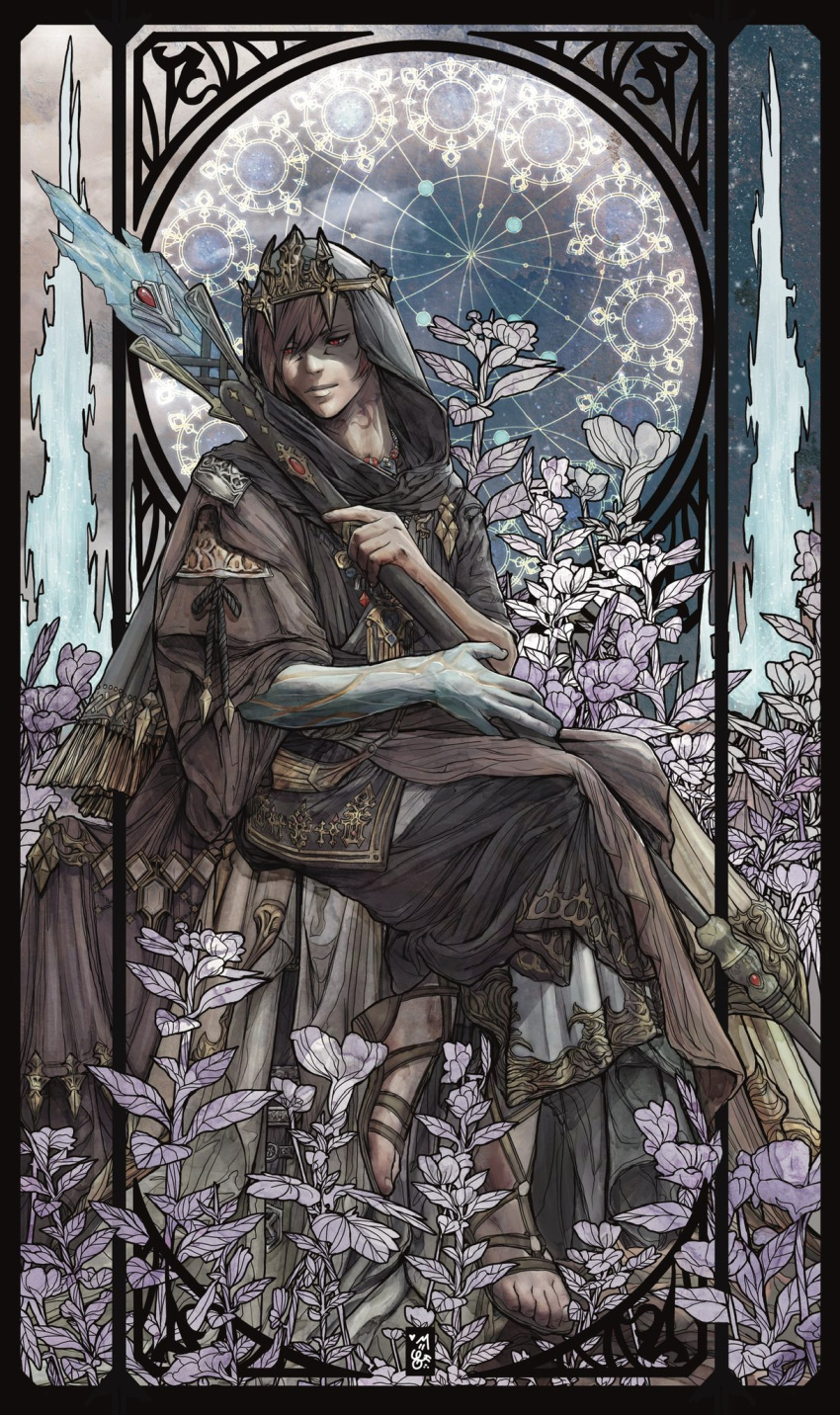 1boy, arm_up, black_hood, border, cloak, commentary, crystal_exarch, english_commentary, facial_mark, final_fantasy, final_fantasy_xiv, flower, g'raha_tia, gem, highres, holding, holding_scepter, hood, hood_up, jewelry, kingcael, layered_clothes, leaf, looking_to_the_side, male_focus, material_growth, neck_tattoo, necklace, ornate_border, ornate_clothes, plant, red_gemstone, redhead, robe, scepter, short_sleeves, sitting, solo, staff, tassel, tattoo, tiara