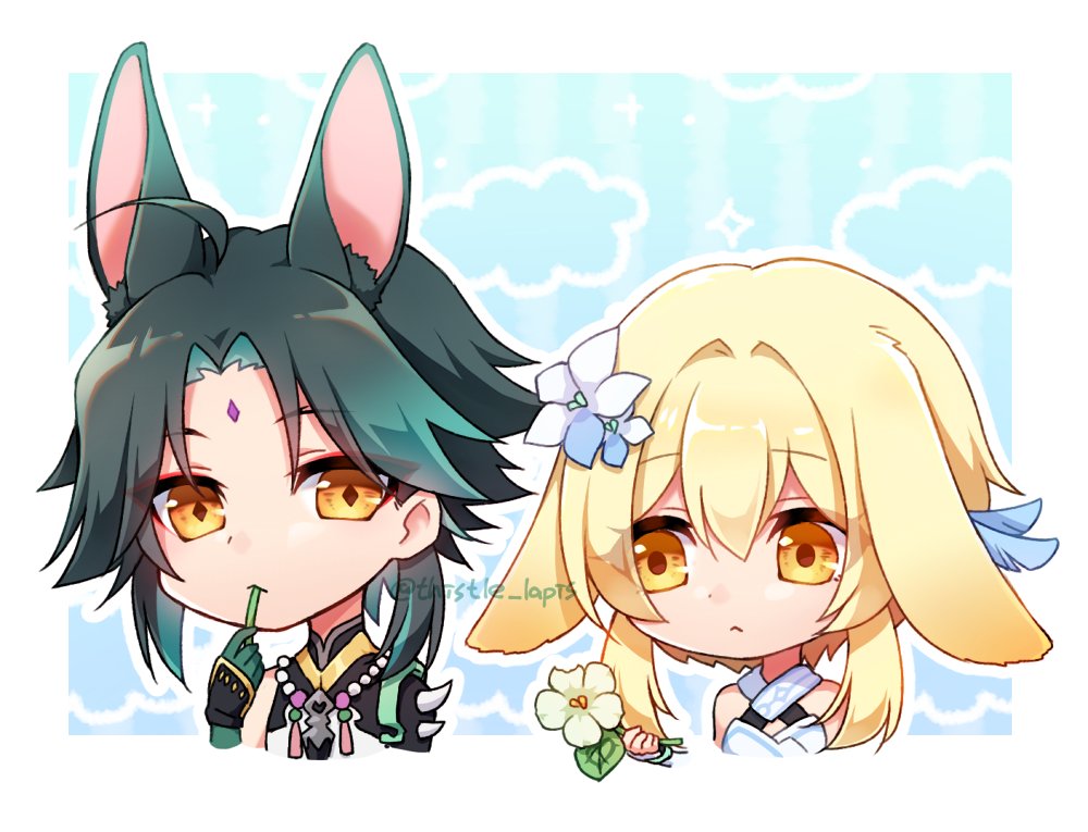 1boy, 1girl, :<, ahoge, animal_ear_fluff, animal_ears, aqua_hair, artist_name