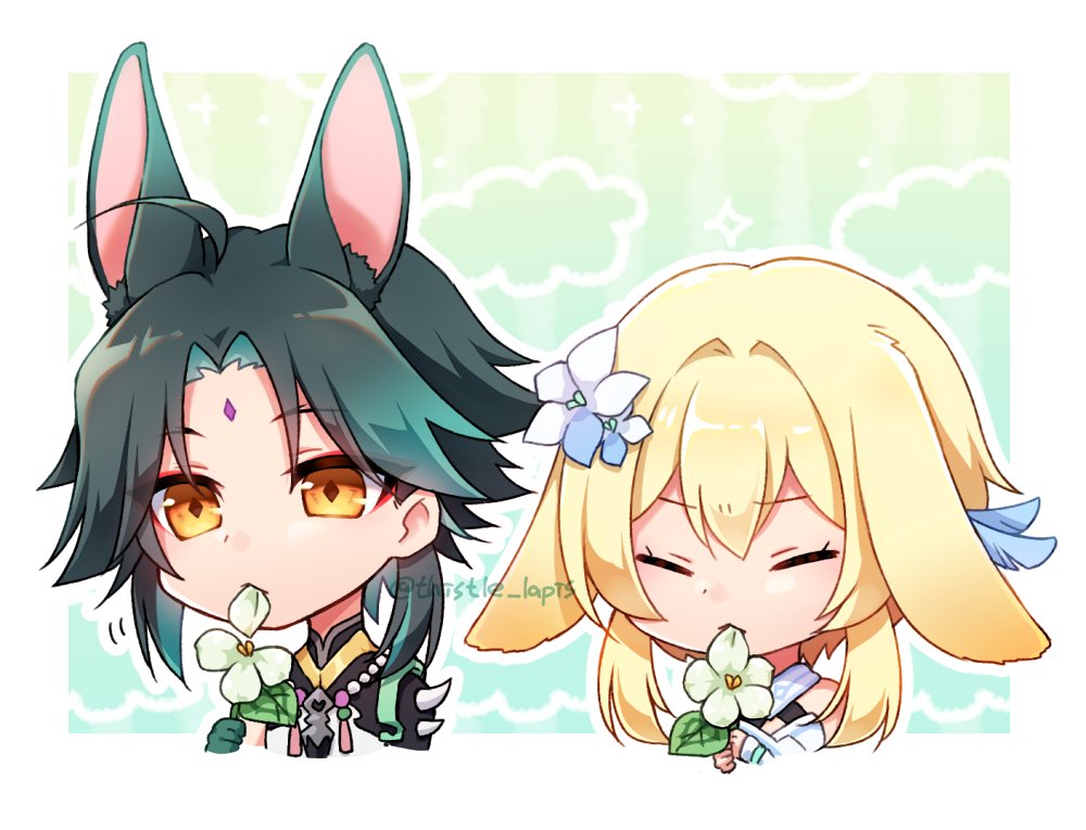1boy, 1girl, ahoge, animal_ear_fluff, animal_ears, aqua_background, aqua_hair, artist_name