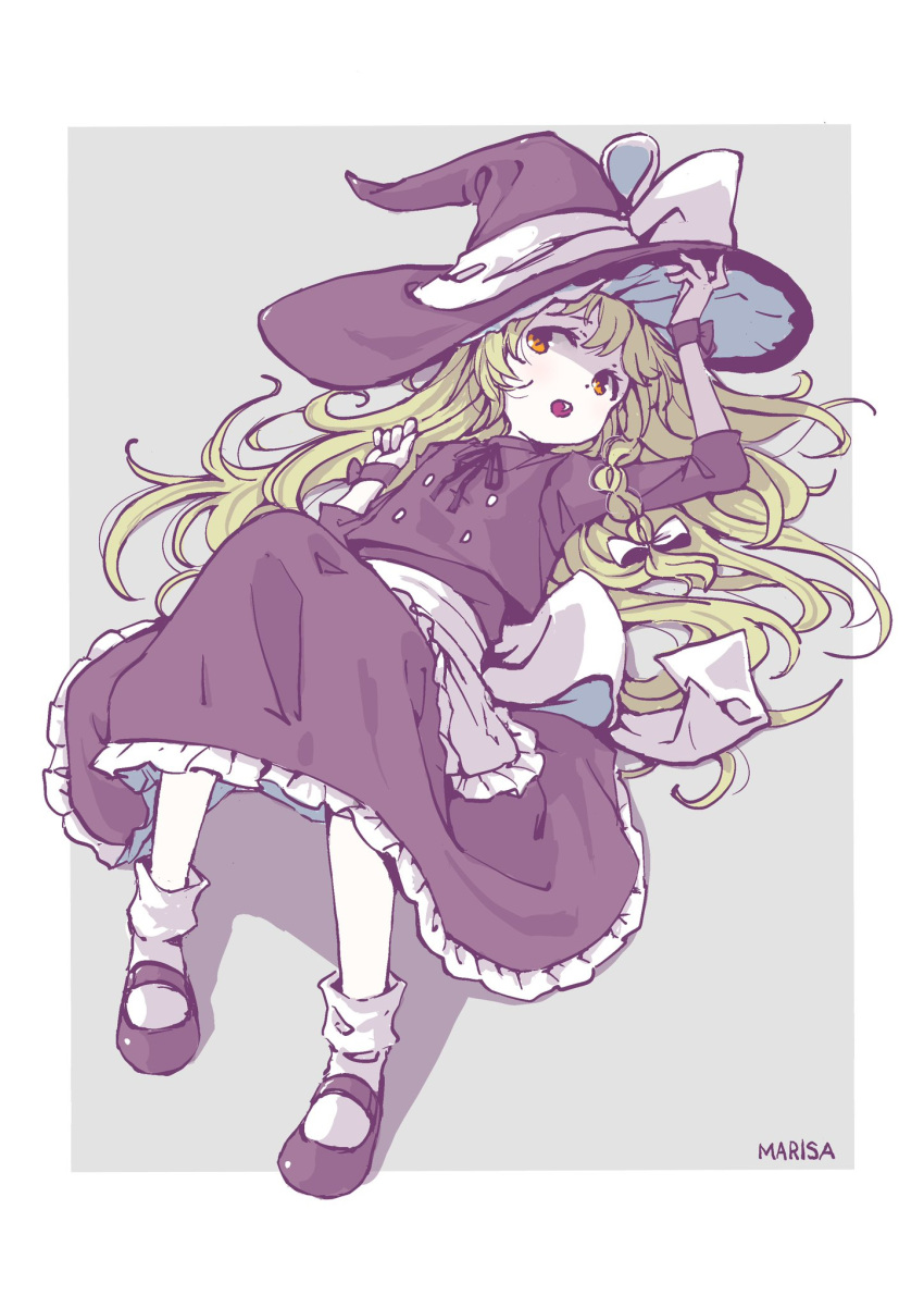 1girl, apron, black_footwear, blonde_hair, bow, braid, character_name, dress, english_text, frilled_dress, frills, grey_background, hair_bow, hat, hat_bow, highres, kirisame_marisa, long_hair, lying, on_back, open_mouth, orange_eyes, satyuas, shadow, simple_background, socks, touhou, waist_apron, white_bow, white_socks, witch_hat