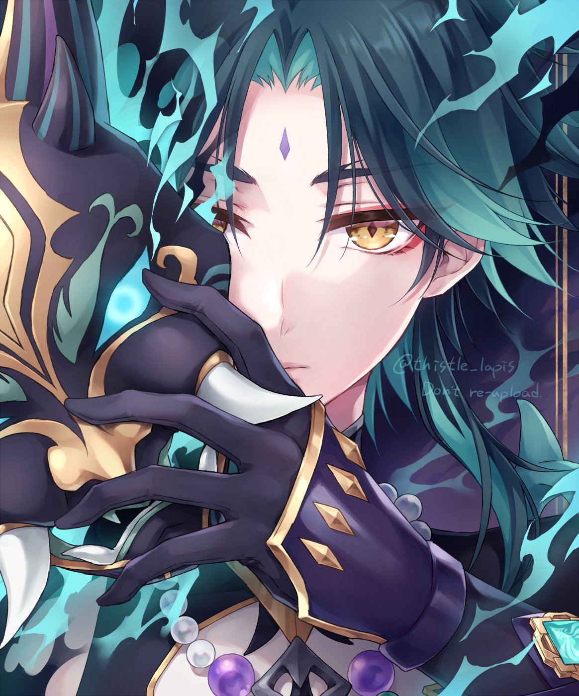 1boy, aqua_hair, artist_name, bead_necklace, beads, black_gloves, closed_mouth, commentary_request