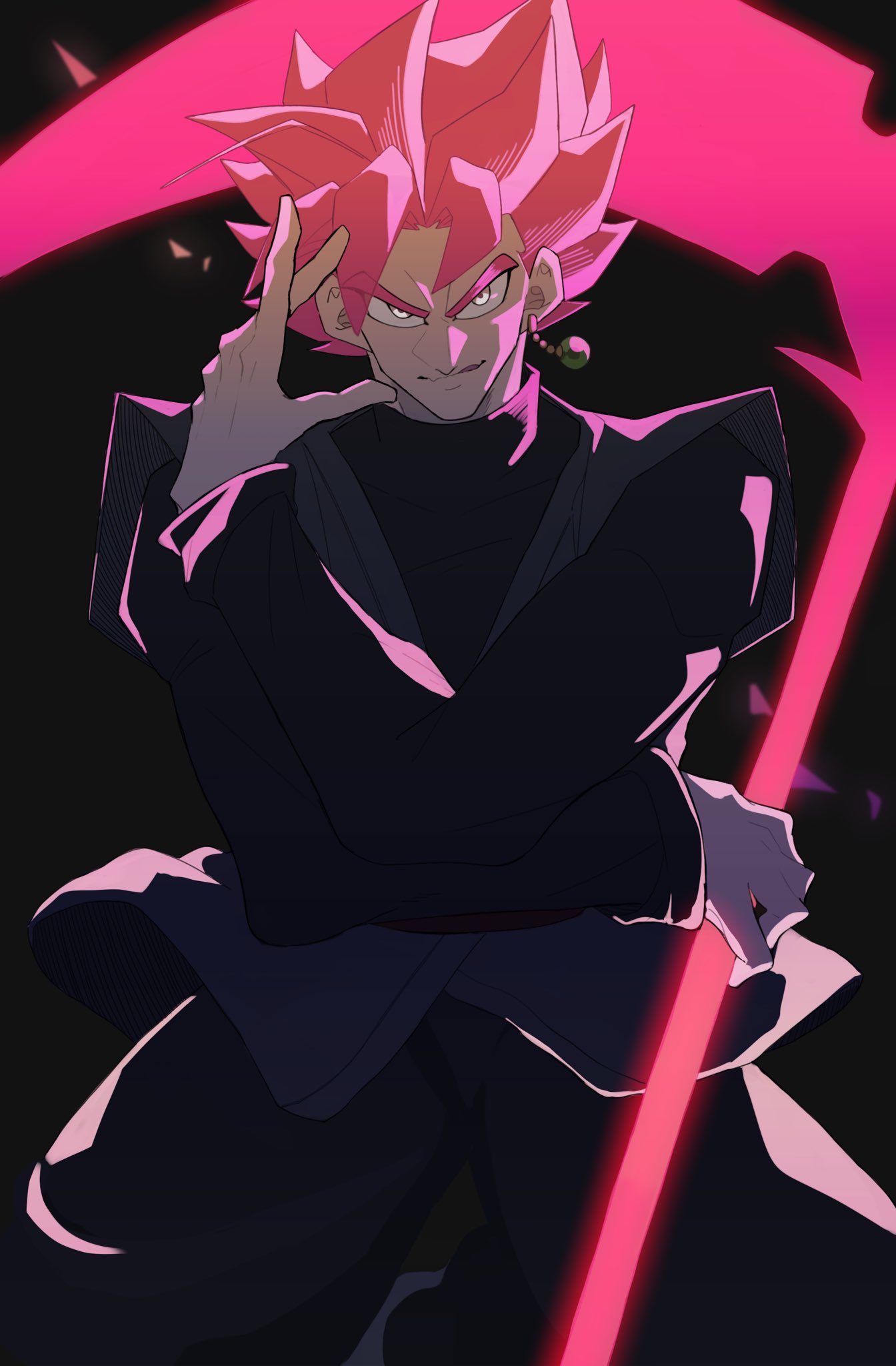 1boy, black_background, black_dougi, black_pants, commentary_request, crossed_arms, dougi, dragon_ball