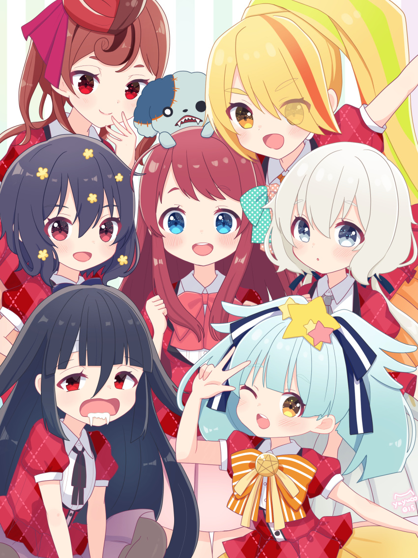 6+girls, absurdres, black_hair, blonde_hair, blue_eyes, blue_hair, blush, bow