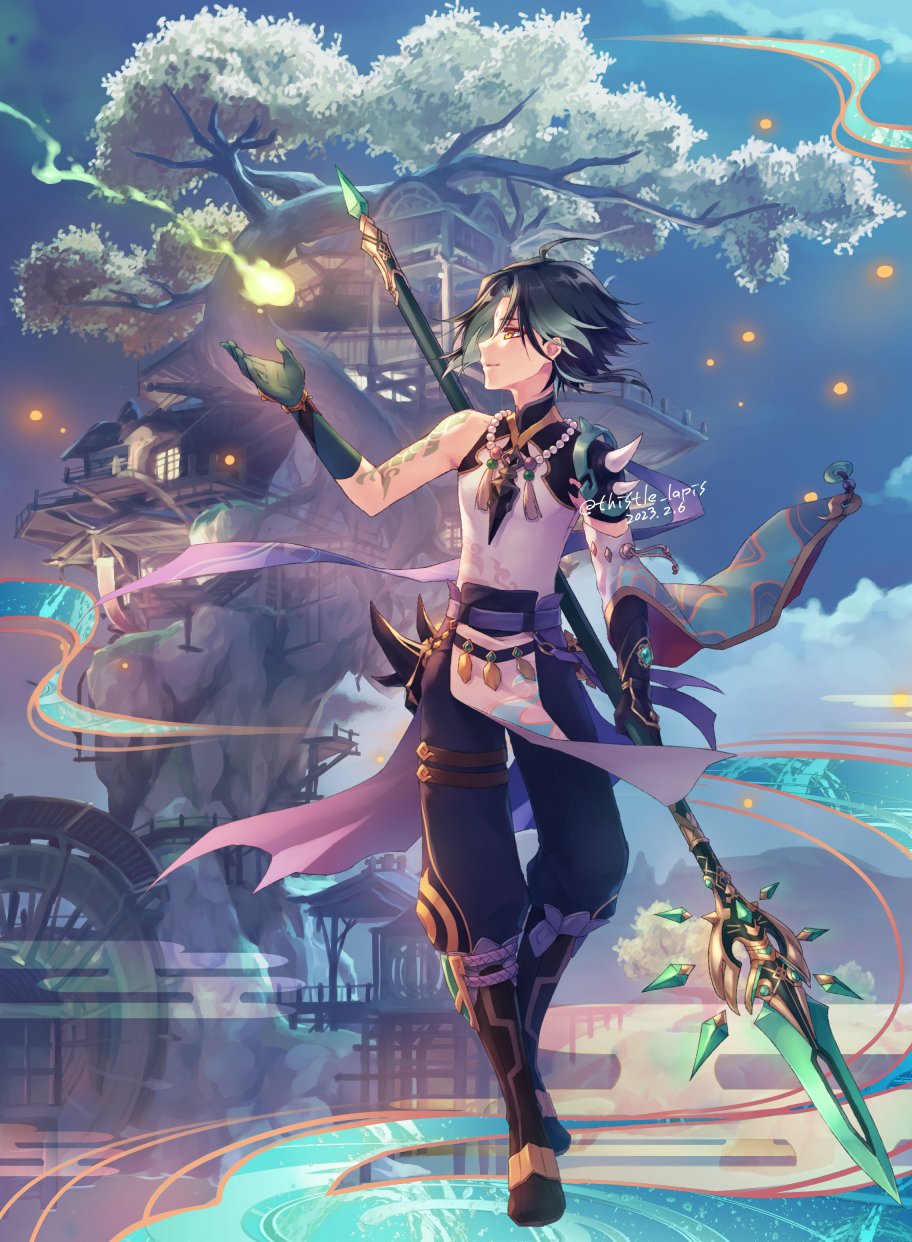 1boy, ahoge, aqua_hair, architecture, arm_tattoo, artist_name, asymmetrical_gloves, bead_necklace