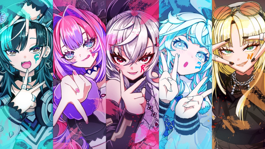 5girls, asymmetrical_bangs, beret, bow, bra_over_clothes, center-flap_bangs, chain, chain_necklace