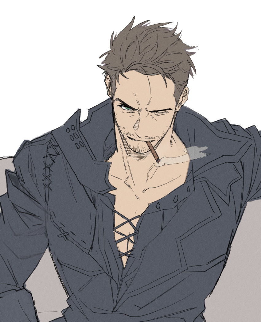 1boy, absurdres, beard, black_shirt, blue_eyes, brown_hair, cidolfus_telamon, cigar, collarbone, collared_shirt, commentary_request, cross-laced_clothes, facial_hair, final_fantasy, final_fantasy_xvi, garbage_paper, highres, korean_commentary, long_sleeves, looking_at_viewer, male_focus, one_eye_closed, shirt, short_hair, smoke, smoke_trail, smoking, solo, upper_body, white_background