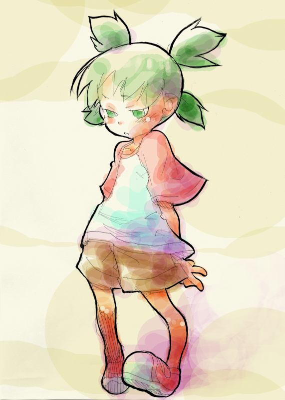 1girl, blush, child, full_body, green_eyes, green_hair, honzawa_yuuichirou, koiwai_yotsuba
