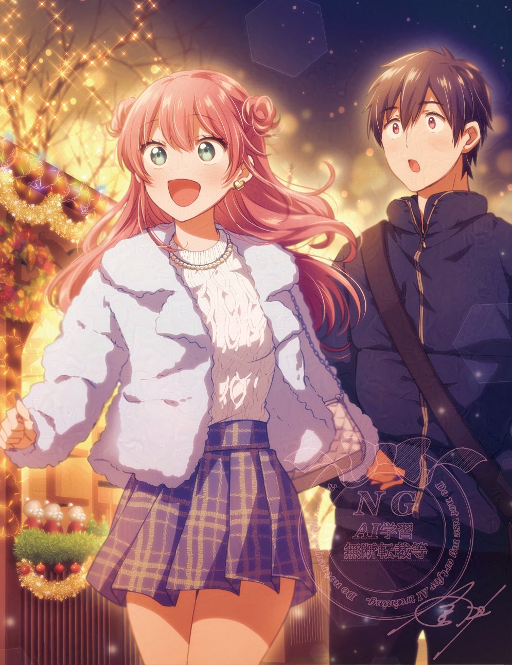 1boy, 1girl, adversarial_noise, bag, black_hair, black_jacket, black_pants, blue_coat