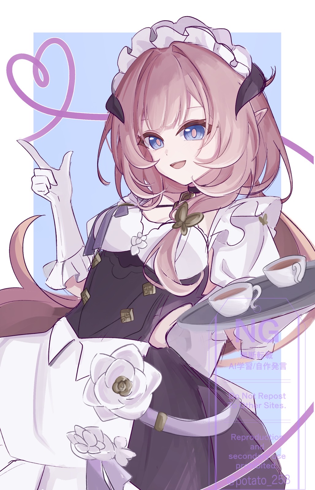 1girl, apron, black_dress, blue_background, blue_eyes, commentary_request, cowboy_shot, cup