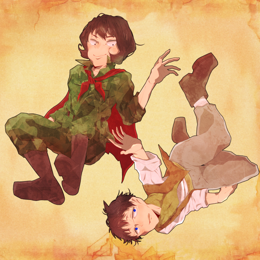 2boys, absurdres, black_eyes, black_hair, blue_eyes, boots, brown_hair, bunroku