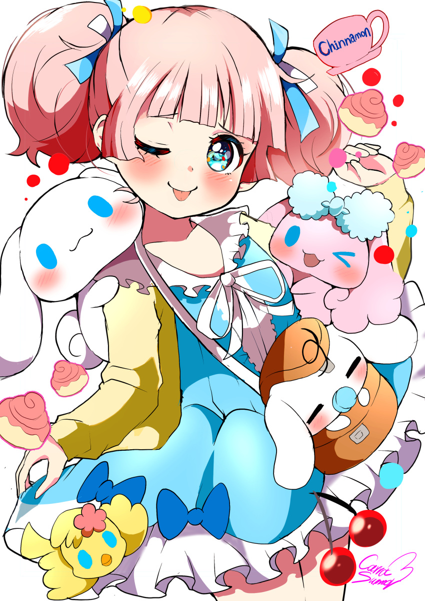 1girl, ;), absurdres, artist_name, blue_bow, blue_dress, blue_eyes, blue_ribbon