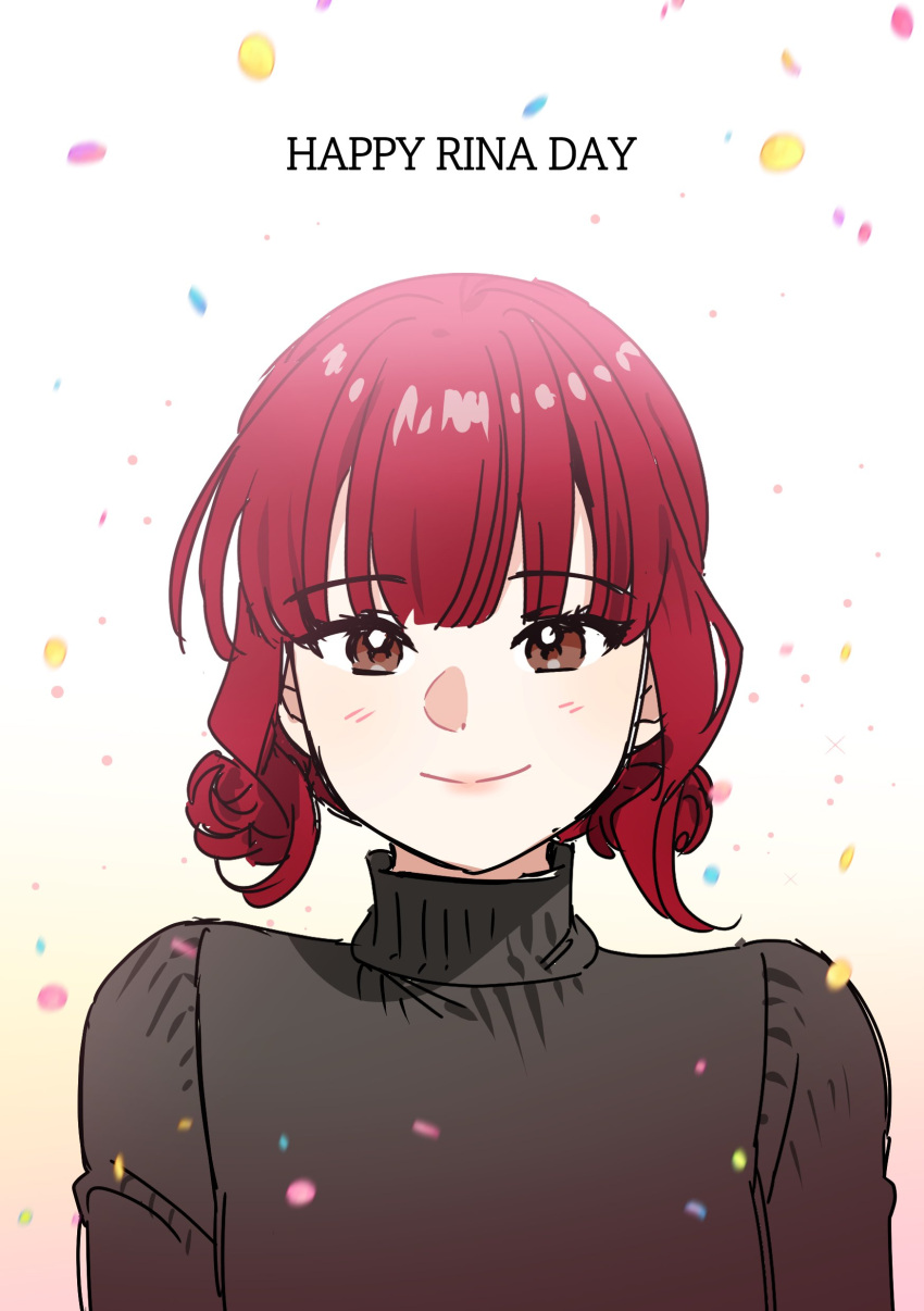 1girl, absurdres, black_sweater, blush, brown_eyes, closed_mouth, commentary, confetti