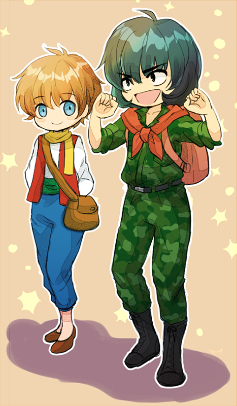 2boys, black_eyes, black_hair, blue_eyes, boots, brown_hair, bunroku, chibi